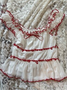 Full Tilt White Ruffled Camisole with Red Trim